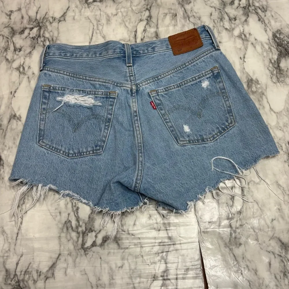 Levi’s button fly high rise vintage 90s Y2K distressed denim jean shorts size 27